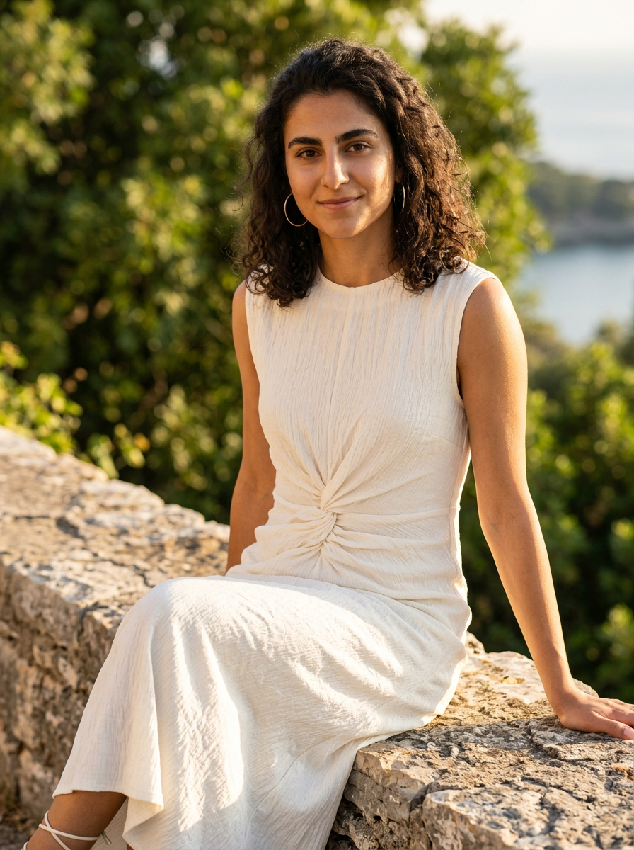 Robe Erikoussa — Ecru Sans Manches Taille Froncee
