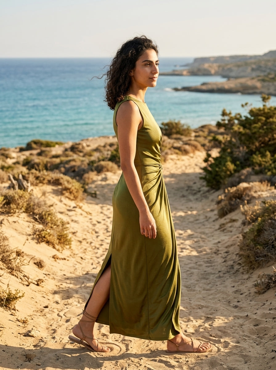 Robe Salamina — Kaki Jersey avec Fente