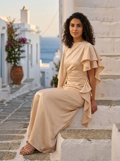 Robe Lesvos — Champagne Satin à Manches