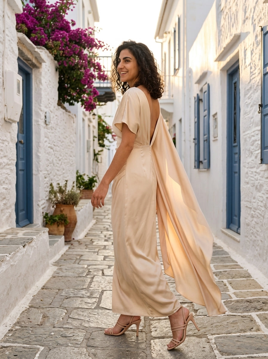 Robe Lesvos — Champagne Satin à Manches