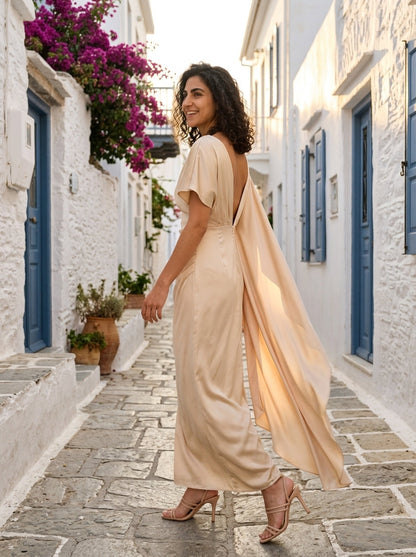 Robe Lesvos — Champagne Satin à Manches