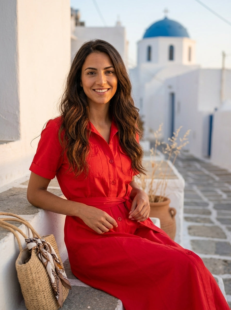 Robe Amorgos — Rouge Chemisier avec Ceinture