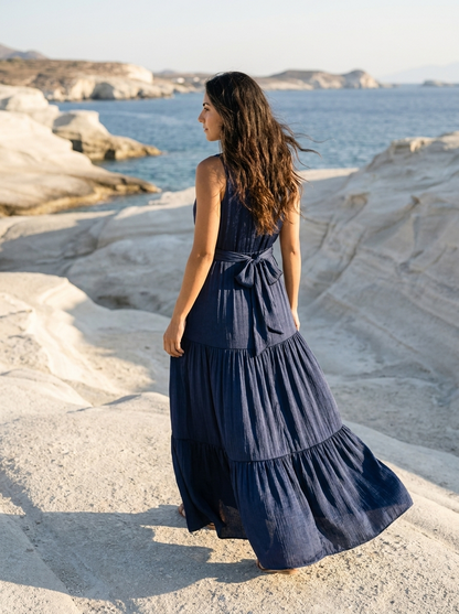 Robe Dokos — Bleu Marine Col V Volants avec Ceinture