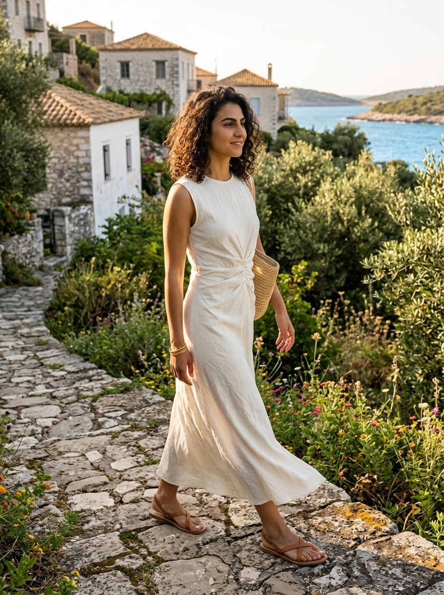 Robe Erikoussa — Ecru Sans Manches Taille Froncee