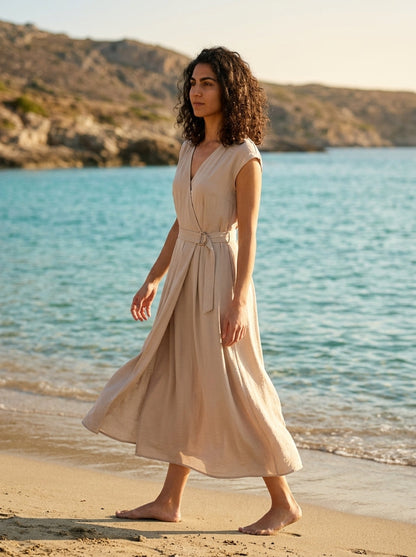 Robe Kalamos — Ecru Croisee avec Ceinture