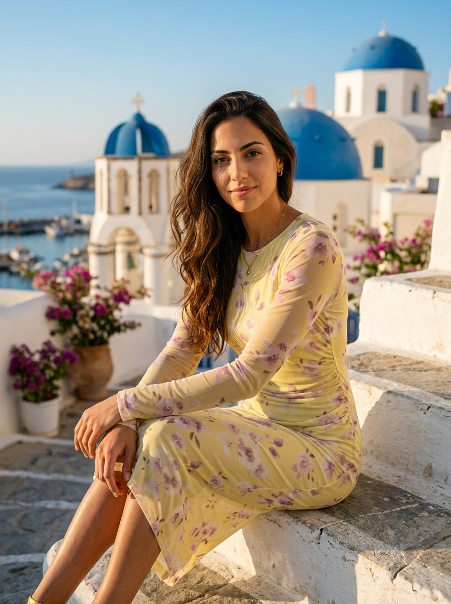Robe Antipaxoi — Jaune Florale Mesh Longue Manche